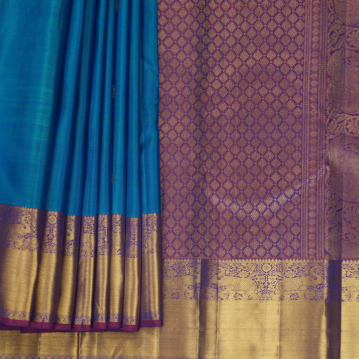 Hayagrivas Handloom Blue-Green Kanjivaram Silk Saree with Wine Purple Border KBF770H6-2