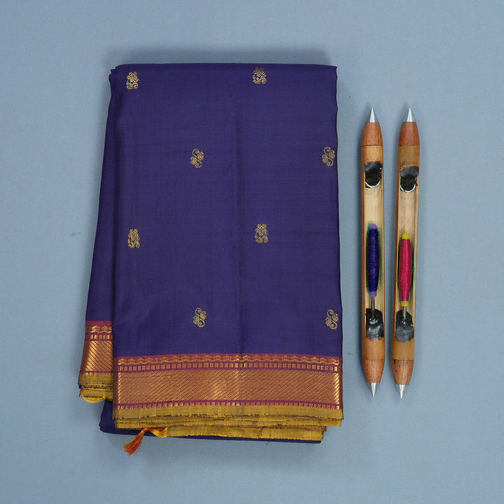 Hayagrivas Handloom Dark Blue Kanjivaram Silk Saree with Rusty Red Border KBF771H2-6