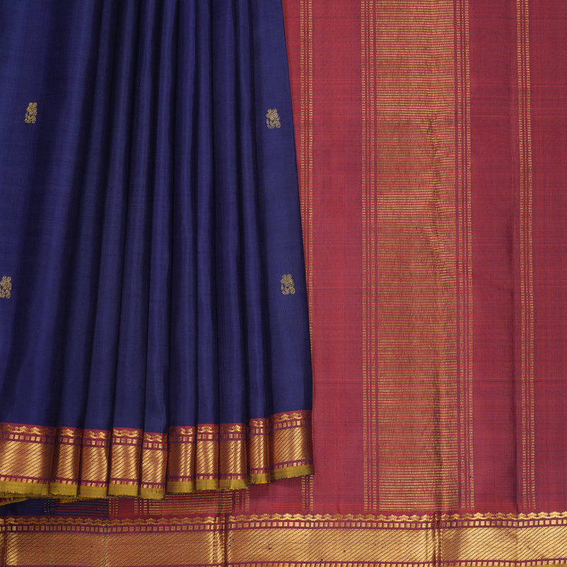 Hayagrivas Handloom Dark Blue Kanjivaram Silk Saree with Rusty Red Border KBF771H2-6