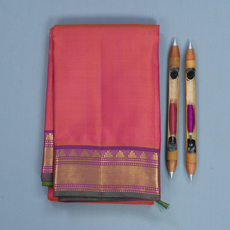 Hayagrivas Handloom Orangish-Pink Kanjivaram Silk Saree with Purple Border KBF771H3-2