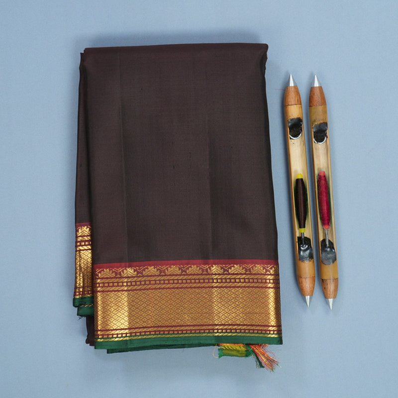Hayagrivas Handloom Dark Brown Kanjivaram Silk Saree with Rust Orange Border KBF771H3-3