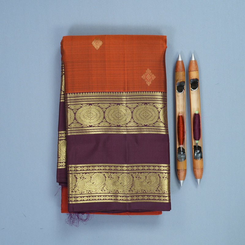 Hayagrivas Handloom Rust Orange Kanjivaram Silk Saree with Nagapazham Border KBF773H4-2
