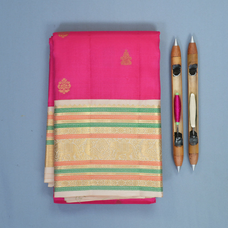 Hayagrivas Handloom Pink Kanjivaram Silk Saree with Ivory Border KBF774H13-1