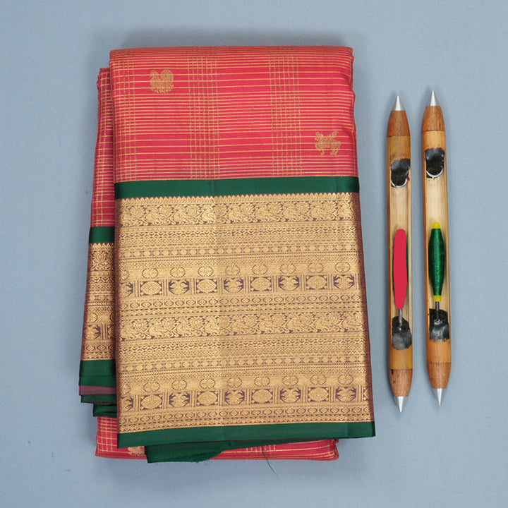 Hayagrivas Handloom Pink Kanjivaram Silk Saree with Bottle Green Border KBF774H18-4