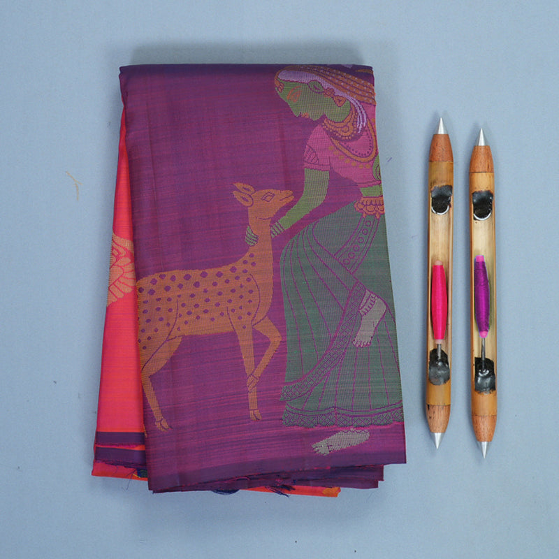 Hayagrivas Handloom Orangish-Pink Kanjivaram Silk Saree with Purple Border KBF775H1-13