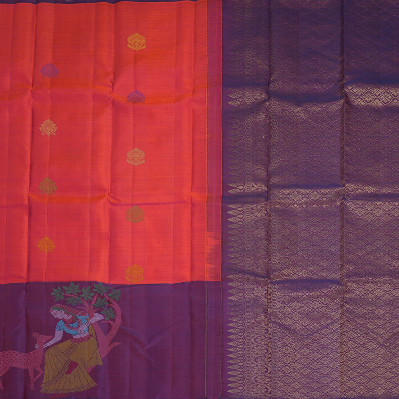 Hayagrivas Handloom Orangish-Pink Kanjivaram Silk Saree with Purple Border KBF775H1-13