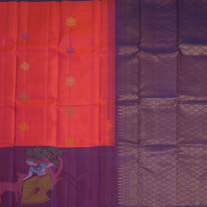 Hayagrivas Handloom Orangish-Pink Kanjivaram Silk Saree with Purple Border KBF775H1-13