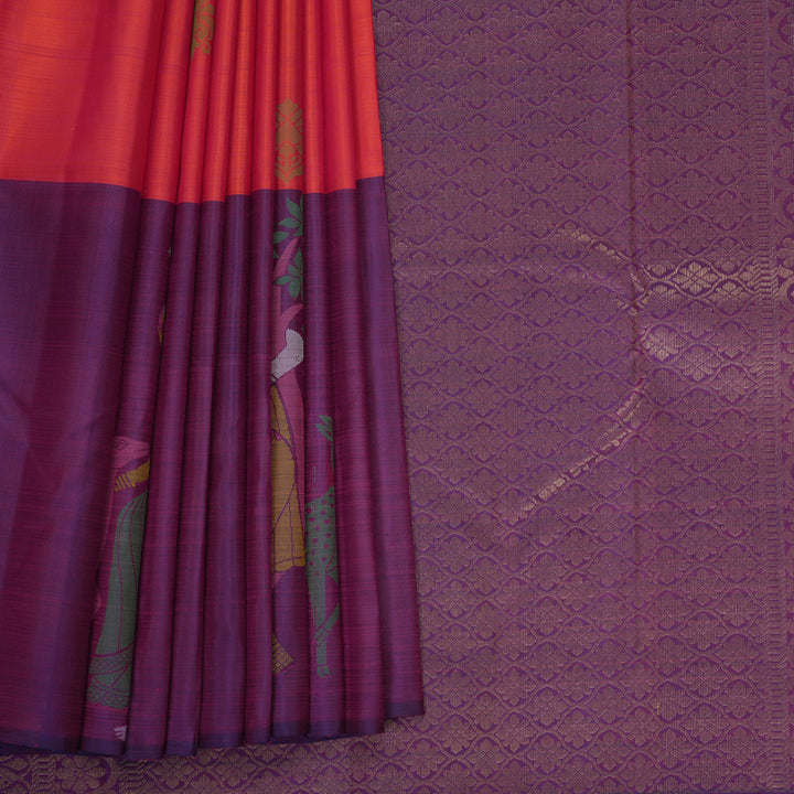 Hayagrivas Handloom Orangish-Pink Kanjivaram Silk Saree with Purple Border KBF775H1-13