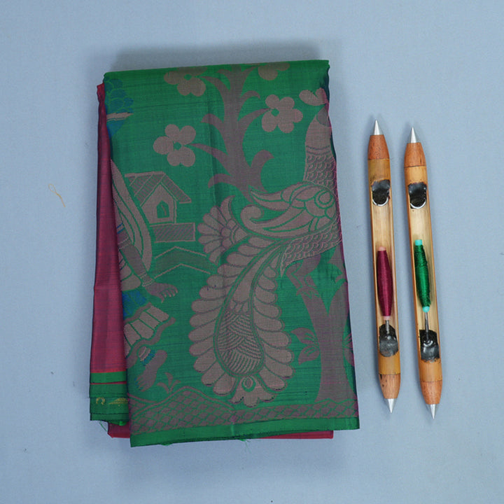 Hayagrivas Handloom Wine Purple Kanjivaram Silk Saree with Peacock Green Border KBF775H1-17