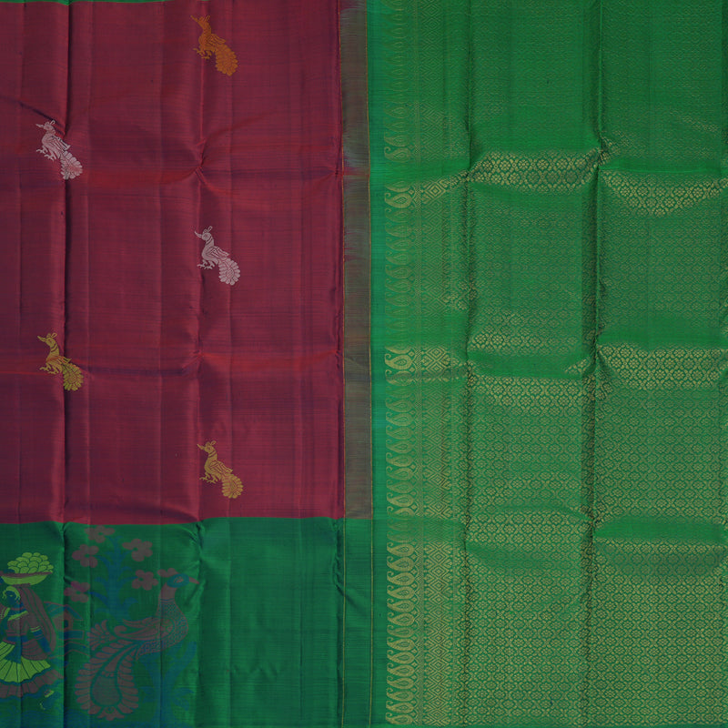 Hayagrivas Handloom Wine Purple Kanjivaram Silk Saree with Peacock Green Border KBF775H1-17