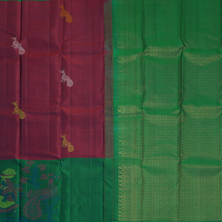 Hayagrivas Handloom Wine Purple Kanjivaram Silk Saree with Peacock Green Border KBF775H1-17