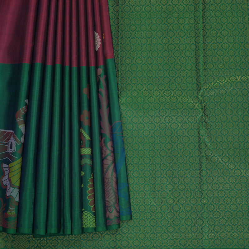 Hayagrivas Handloom Wine Purple Kanjivaram Silk Saree with Peacock Green Border KBF775H1-17