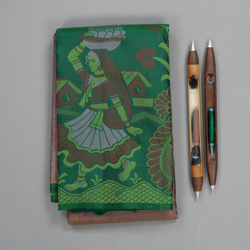 Hayagrivas Handloom Light Brown Kanjivaram Silk Saree with Green Border KBF775H1-3