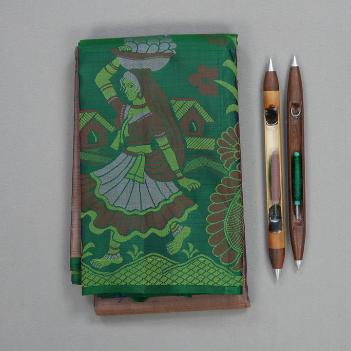 Hayagrivas Handloom Light Brown Kanjivaram Silk Saree with Green Border KBF775H1-3