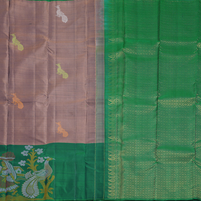 Hayagrivas Handloom Light Brown Kanjivaram Silk Saree with Green Border KBF775H1-3