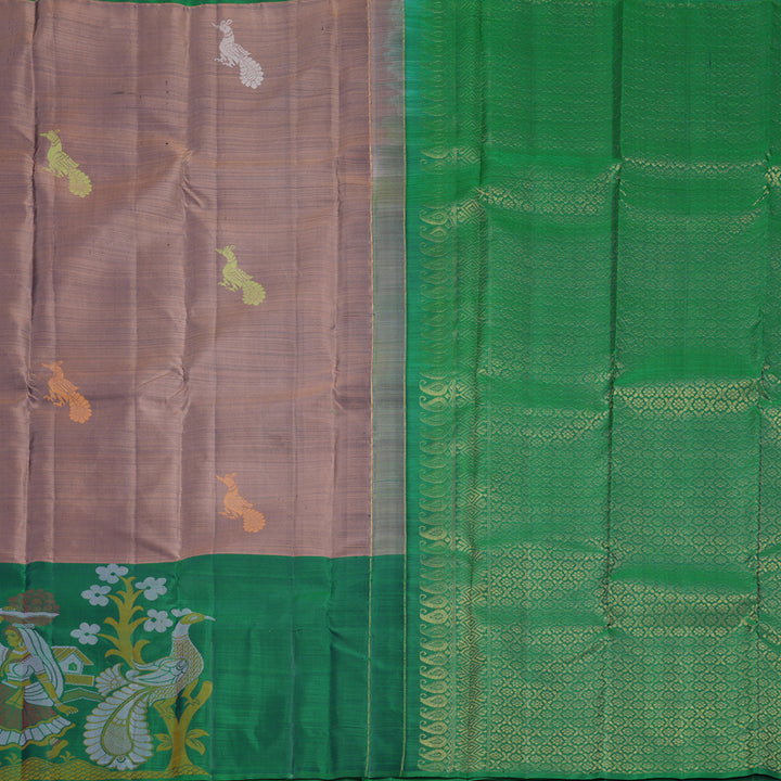 Hayagrivas Handloom Light Brown Kanjivaram Silk Saree with Green Border KBF775H1-3
