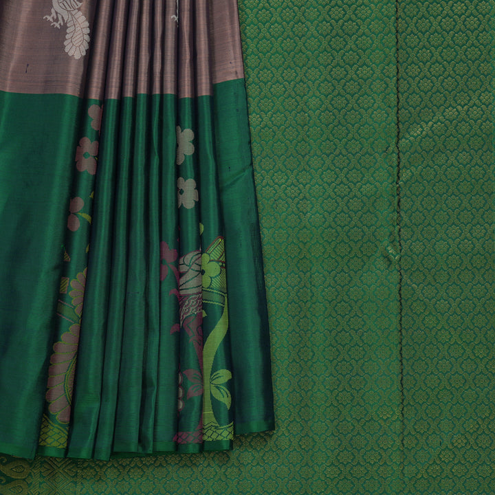 Hayagrivas Handloom Light Brown Kanjivaram Silk Saree with Green Border KBF775H1-3
