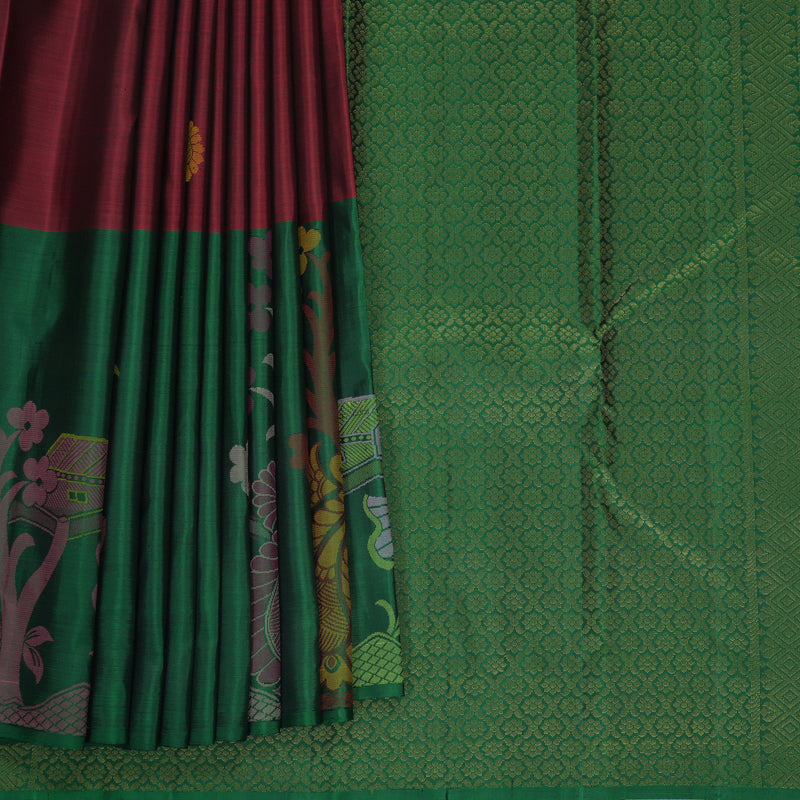 Hayagrivas Handloom Maroon Kanjivaram Silk Saree with Bottle Green Border KBF775H1-7