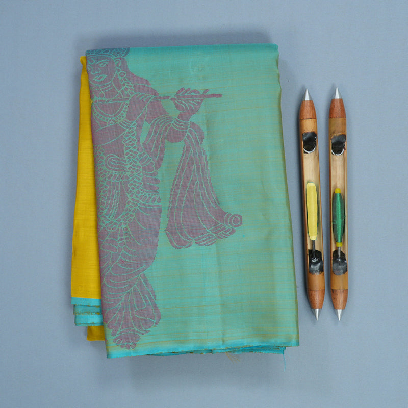 Hayagrivas Handloom Lemon Yellow Kanjivaram Silk Saree with Sky Blue Border KBF775H1-8