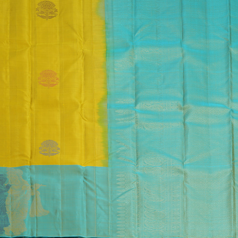 Hayagrivas Handloom Lemon Yellow Kanjivaram Silk Saree with Sky Blue Border KBF775H1-8