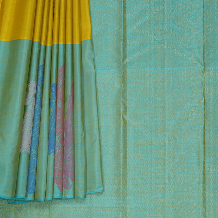 Hayagrivas Handloom Lemon Yellow Kanjivaram Silk Saree with Sky Blue Border KBF775H1-8