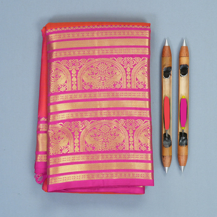 Hayagrivas Handloom Orangish-Pink Kanjivaram Silk Saree with Rani Pink Border KBF776H2-5
