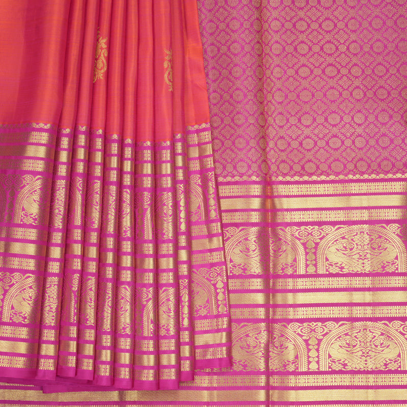 Hayagrivas Handloom Orangish-Pink Kanjivaram Silk Saree with Rani Pink Border KBF776H2-5