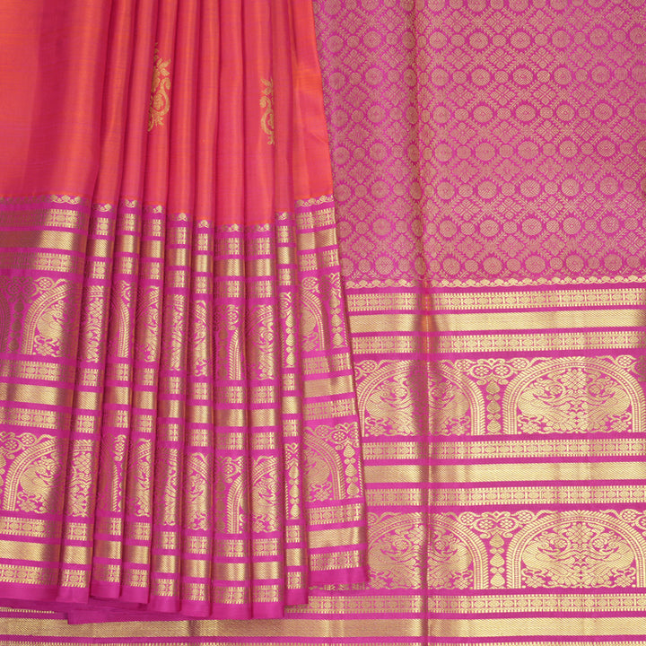 Hayagrivas Handloom Orangish-Pink Kanjivaram Silk Saree with Rani Pink Border KBF776H2-5