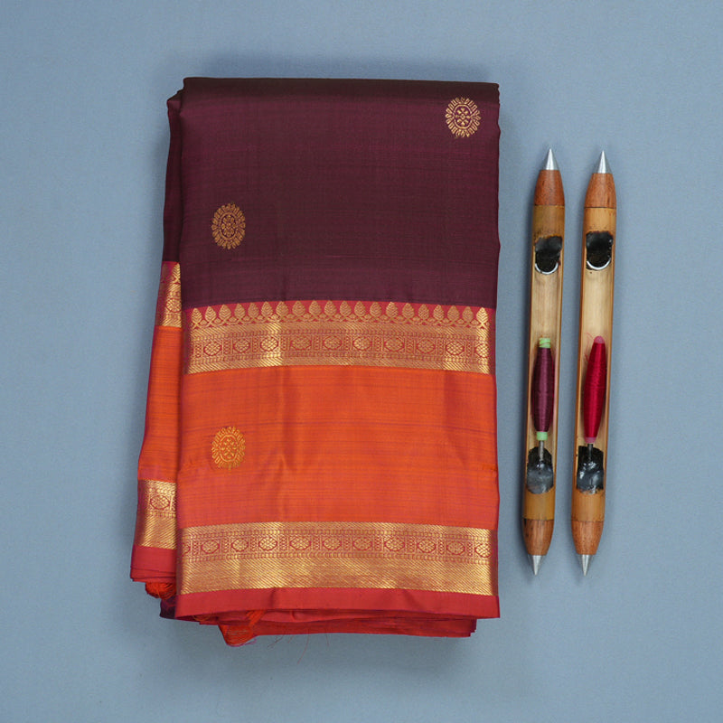 Hayagrivas Handloom Wine Purple Kanjivaram Silk Saree with Orange Border KBF776H2-6