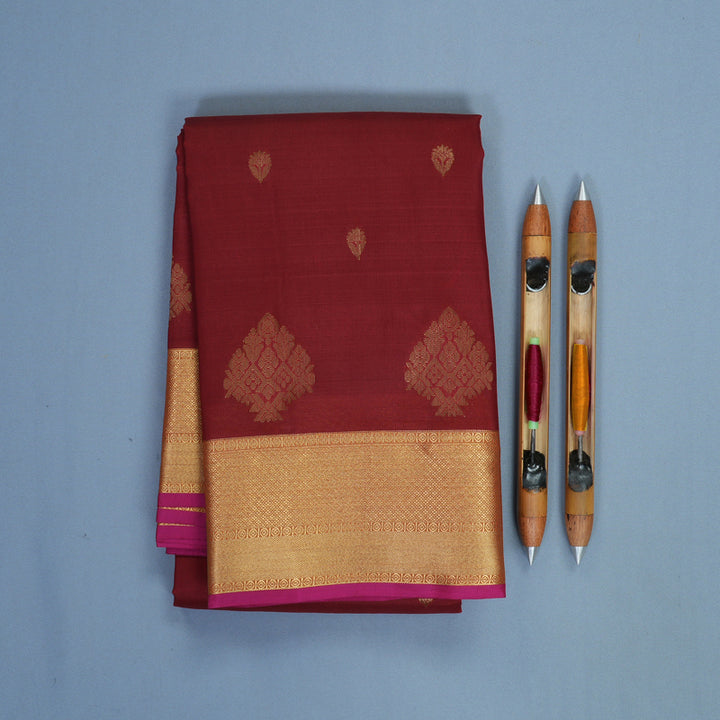 Hayagrivas Handloom Maroon Kanjivaram Silk Saree with Rust Orange Border KBF777H2-5