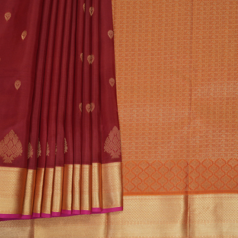 Hayagrivas Handloom Maroon Kanjivaram Silk Saree with Rust Orange Border KBF777H2-5