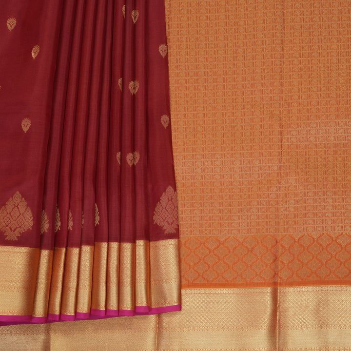 Hayagrivas Handloom Maroon Kanjivaram Silk Saree with Rust Orange Border KBF777H2-5