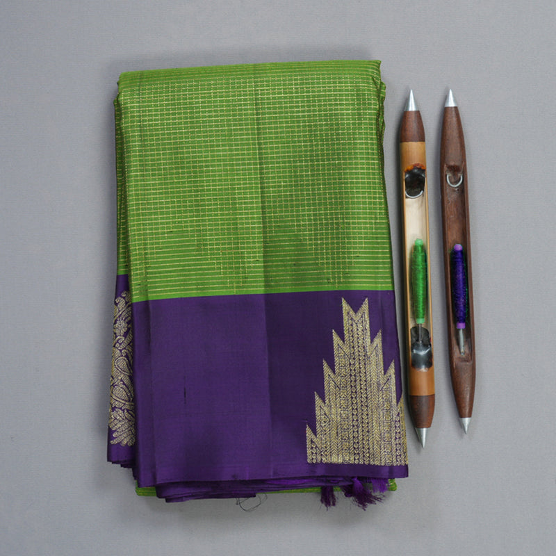 Hayagrivas Handloom Parrot Green Kanjivaram Silk Saree with Purple Border KBF782H3-1