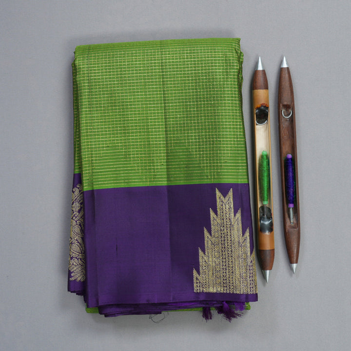 Hayagrivas Handloom Parrot Green Kanjivaram Silk Saree with Purple Border KBF782H3-1