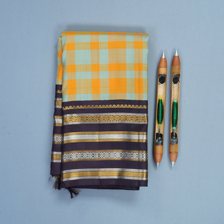 Hayagrivas Handloom Multicolour Checks Kanjivaram Silk Saree with Nagapazham Border KBF789H1-1
