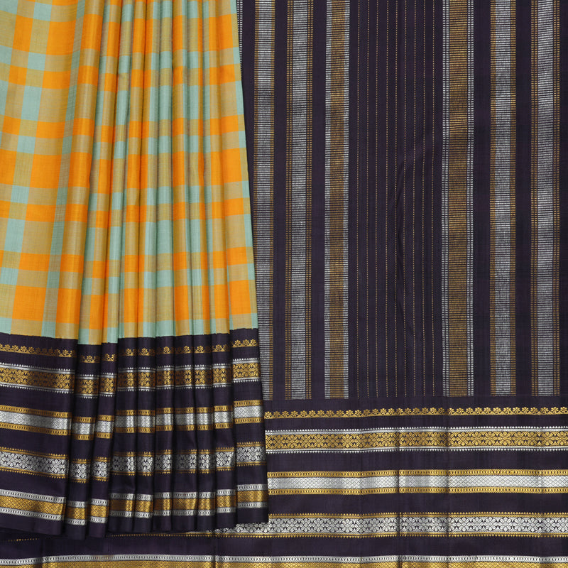Hayagrivas Handloom Multicolour Checks Kanjivaram Silk Saree with Nagapazham Border KBF789H1-1
