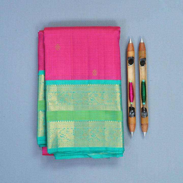 Hayagrivas Handloom Rani Pink Kanjivaram Silk Saree with Bright Teal Border KBF789H2-1