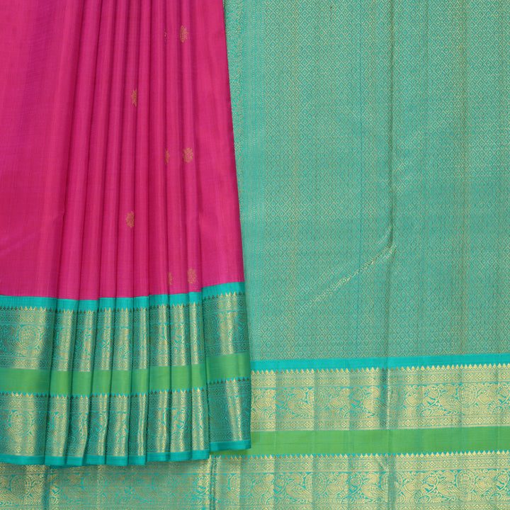 Hayagrivas Handloom Rani Pink Kanjivaram Silk Saree with Bright Teal Border KBF789H2-1