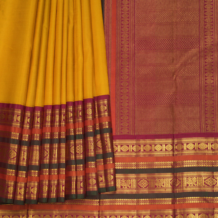 Hayagrivas Handloom Mustard Yellow Kanjivaram Silk Saree with Varisapet Border KBF793H4-1