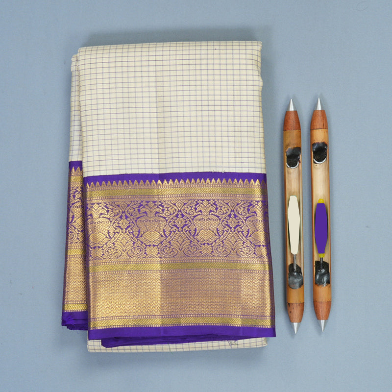 Hayagrivas Handloom Half-White Kanjivaram Silk Saree with Purple Border KBF794H2-2
