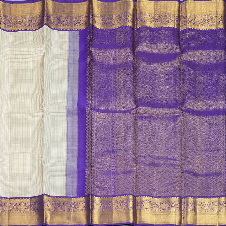 Hayagrivas Handloom Half-White Kanjivaram Silk Saree with Purple Border KBF794H2-2