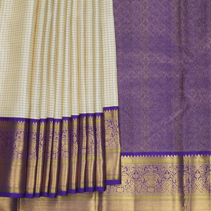 Hayagrivas Handloom Half-White Kanjivaram Silk Saree with Purple Border KBF794H2-2