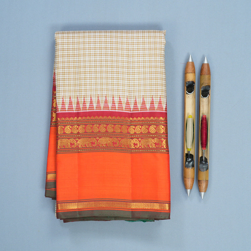 Hayagrivas Handloom White &amp; Beige Checks Kanjivaram Silk Saree with Orange Border KBF796H7-1