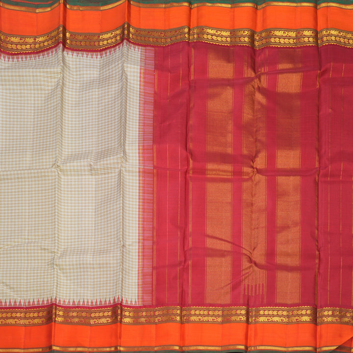 Hayagrivas Handloom White &amp; Beige Checks Kanjivaram Silk Saree with Orange Border KBF796H7-1