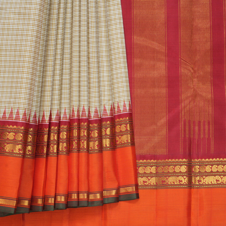 Hayagrivas Handloom White &amp; Beige Checks Kanjivaram Silk Saree with Orange Border KBF796H7-1