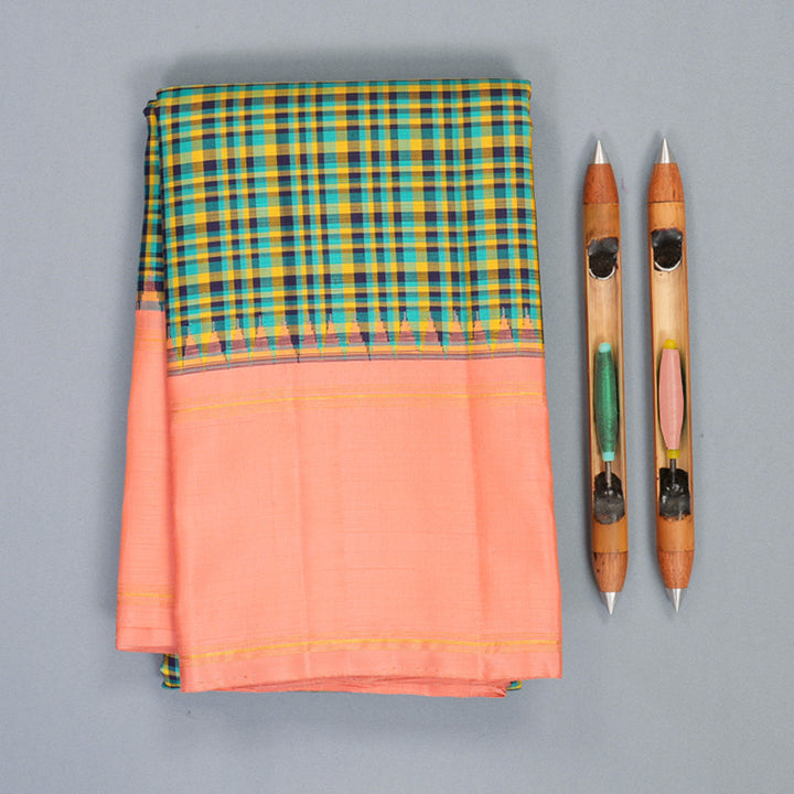 Hayagrivas Handloom Multicolour Checks Kanjivaram Silk Saree with Peach Orange Border KBF800H10-1