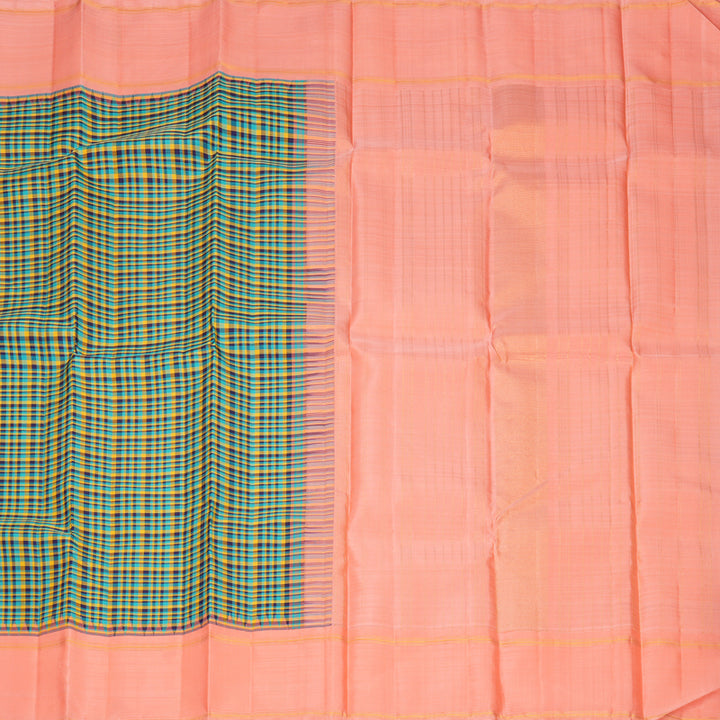 Hayagrivas Handloom Multicolour Checks Kanjivaram Silk Saree with Peach Orange Border KBF800H10-1