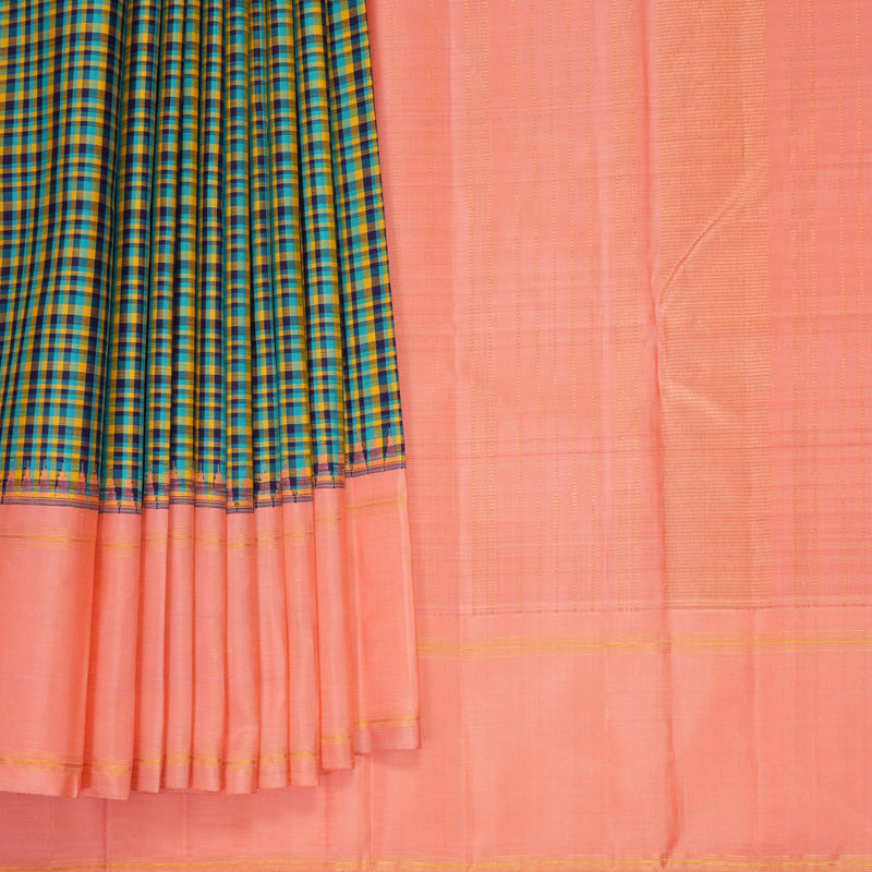 Hayagrivas Handloom Multicolour Checks Kanjivaram Silk Saree with Peach Orange Border KBF800H10-1