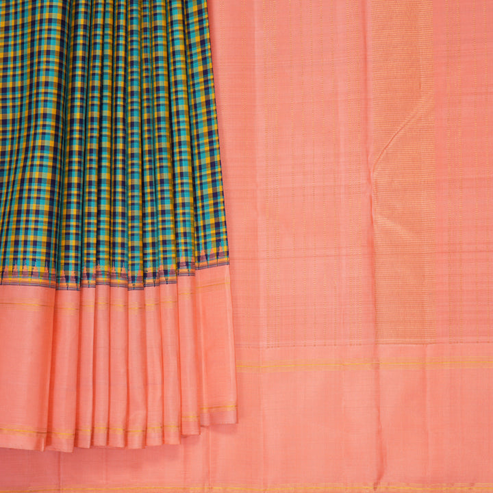 Hayagrivas Handloom Multicolour Checks Kanjivaram Silk Saree with Peach Orange Border KBF800H10-1