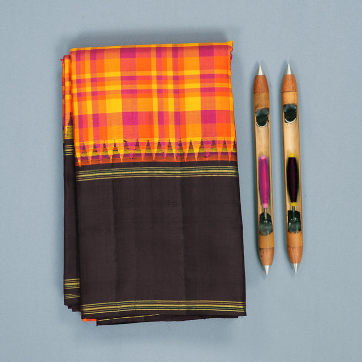 Hayagrivas Handloom Multicolour Checks Kanjivaram Silk Saree with Kanchana Brown Border KBF800H10-2